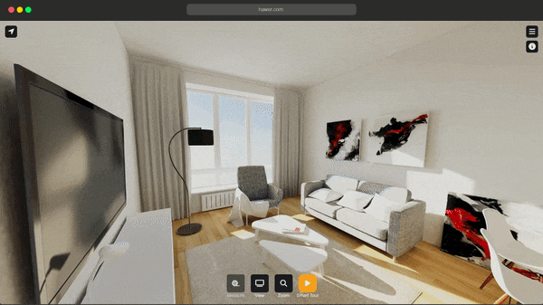 Screen recording of a Hawsr 3D tour: a camera walks freely through a furnished apartment
